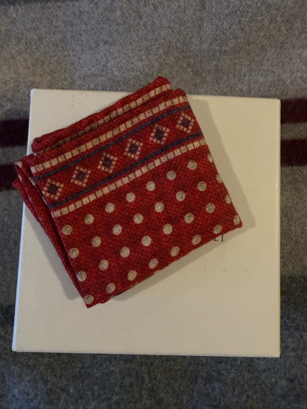 Brunello Cucinelli Red and Brown Checked Wool Pocket Square